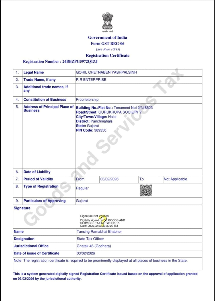 GST Registration Certificate - RR Enterprise
