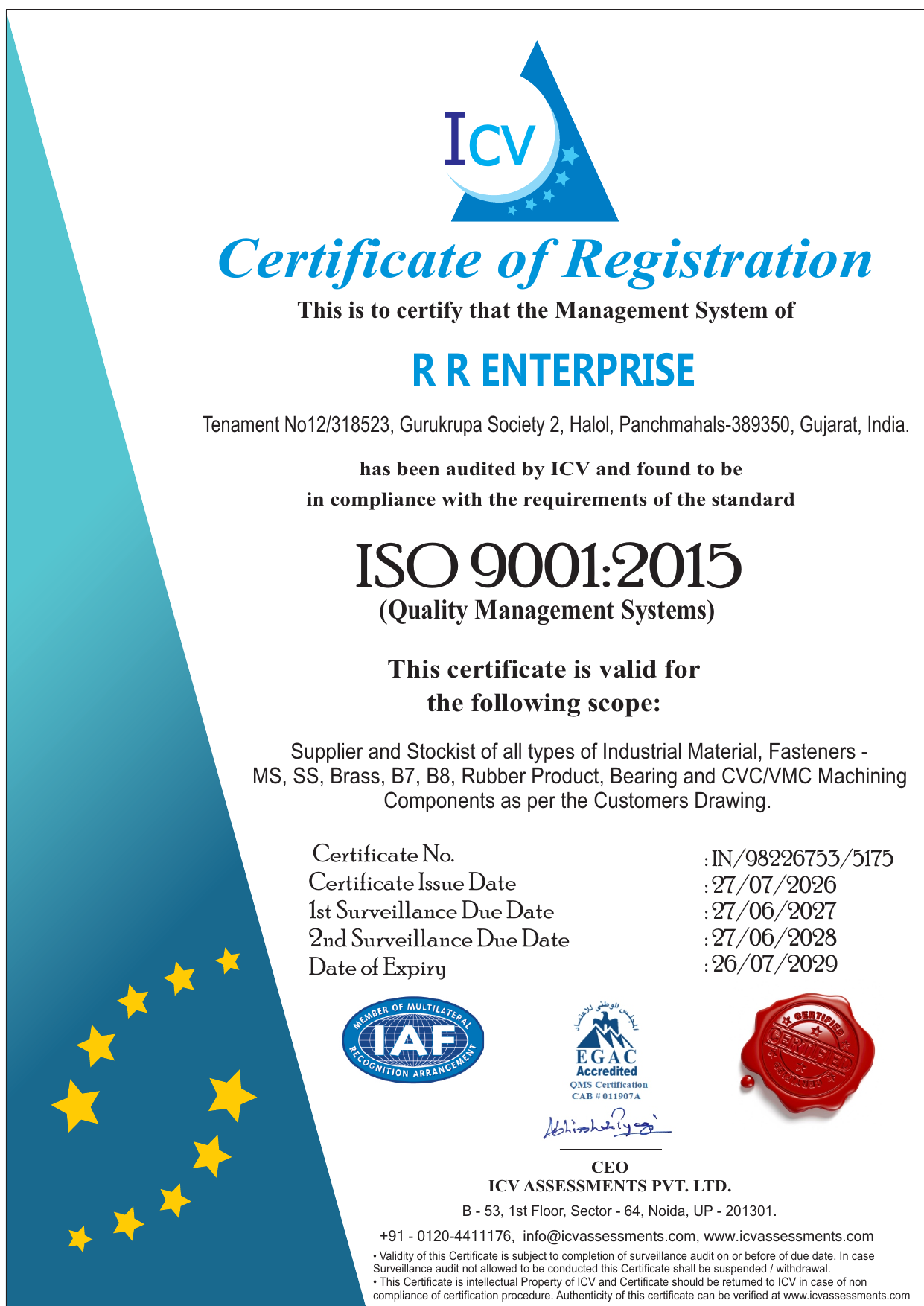 ISO 9001:2015 Certificate - RR Enterprise