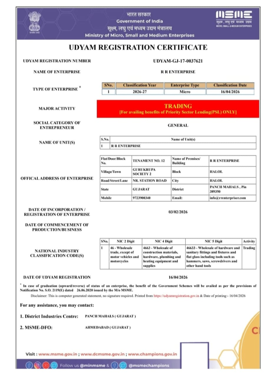 Udyam MSME Registration Certificate - RR Enterprise